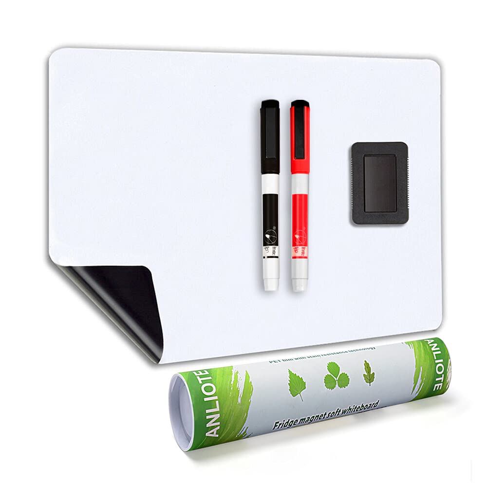 ANLIOTE Magnetic Dry Erase Board Fridge White Board Sheet 20x13 inch, Flexible Large Refrigerator Magnets Whiteboard Planner for Home Kitchen, 2 Markers and Eraser