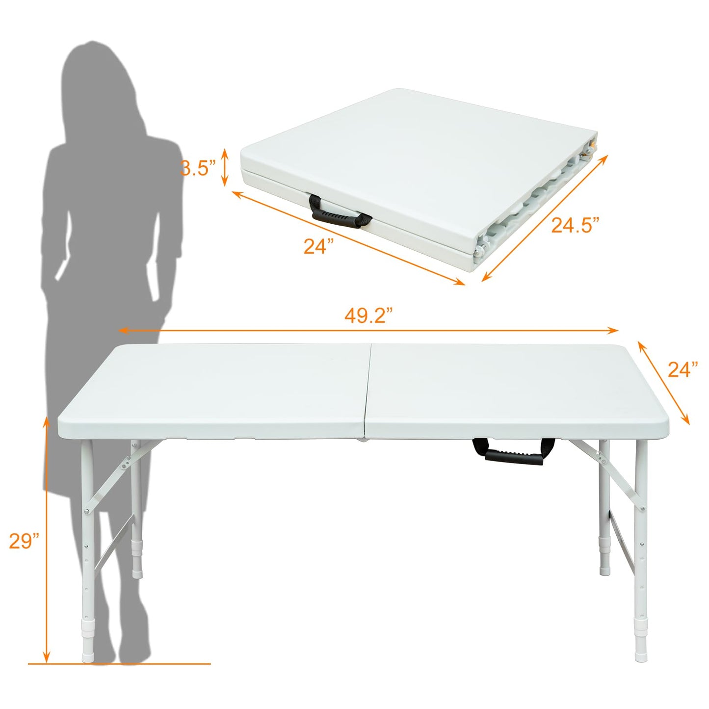 SculPong 4 FT Folding Table with Carry Handle, Portable Fold-in-Half Plastic Table, Rectangle Foldable Table for Indoor/Outdoor White