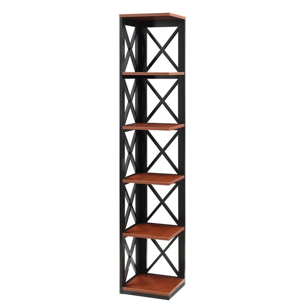 Convenience Concepts Oxford Corner Bookcase 12" - 5-Tier Slim Farmhouse Bookcase for Modern Living & Family Room, Media Storage Organizer for Home Office Library, Tall Shelving Unit, Cherry/Black