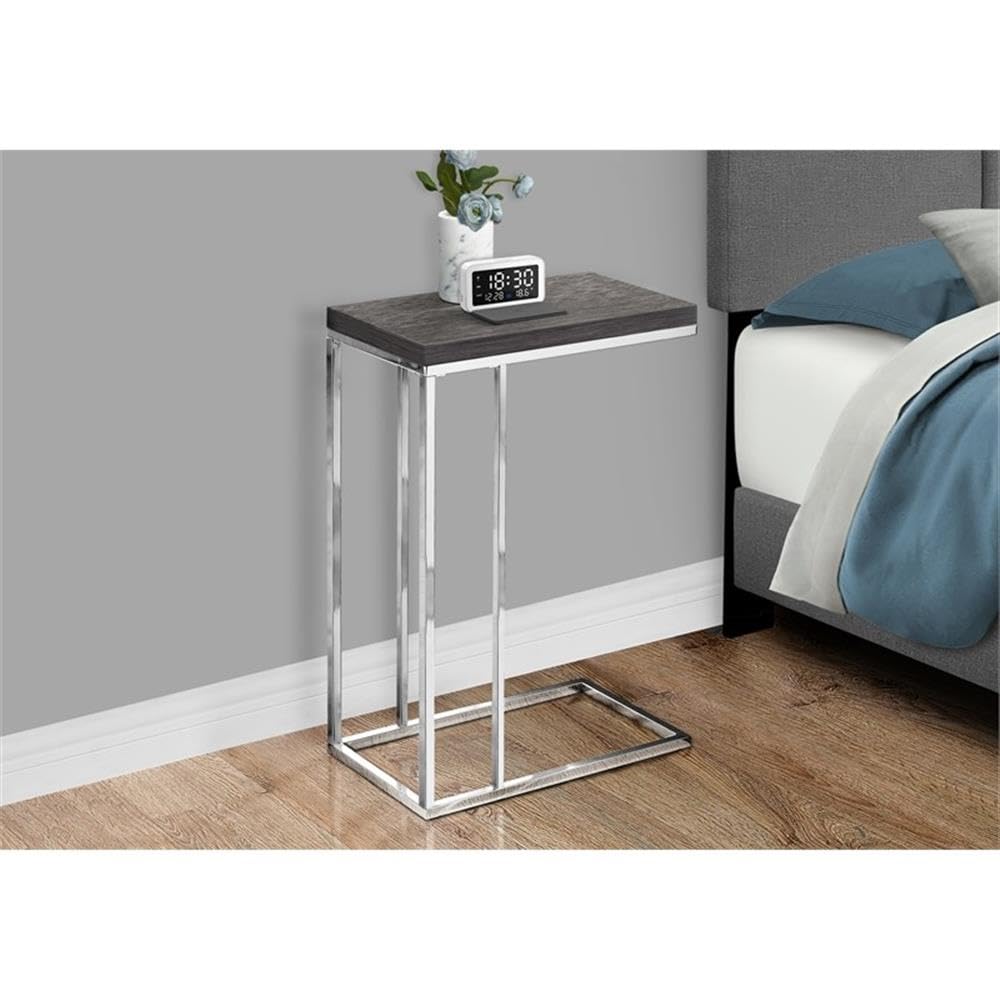 Monarch Specialties I 3228 Accent Table, C-shaped, End, Side, Snack, Living Room, Bedroom, Metal, Laminate, Grey, Chrome, Contemporary, Modern