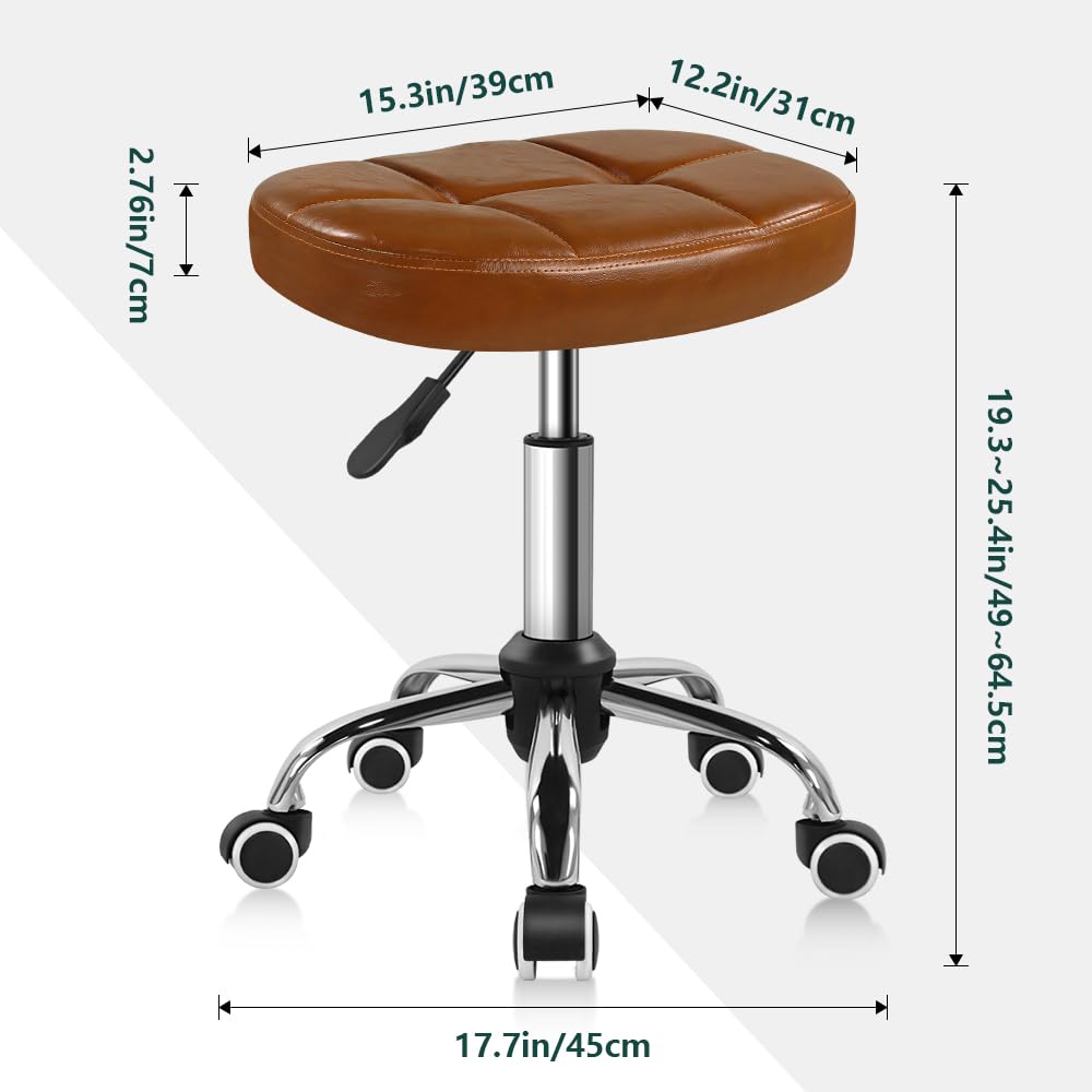 BFTOU 6-Square Lattice PU Swivel Stool with Wheel for Work SPA Shop Massage Height-Adjustable and Cost-Effective Rolling Stool Chair (Brown)