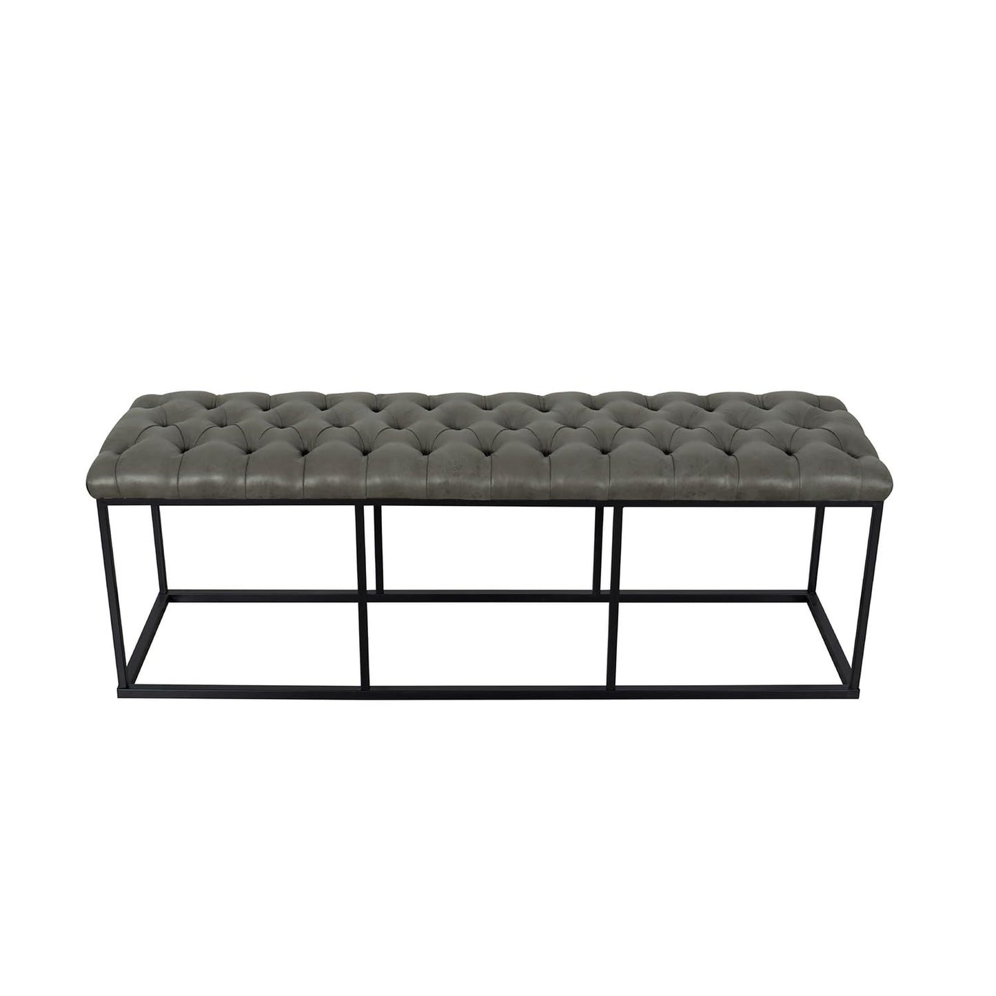 HomePop Upholstered Button Tufted Decorative Bench with Metal Base, Gray Faux Leather