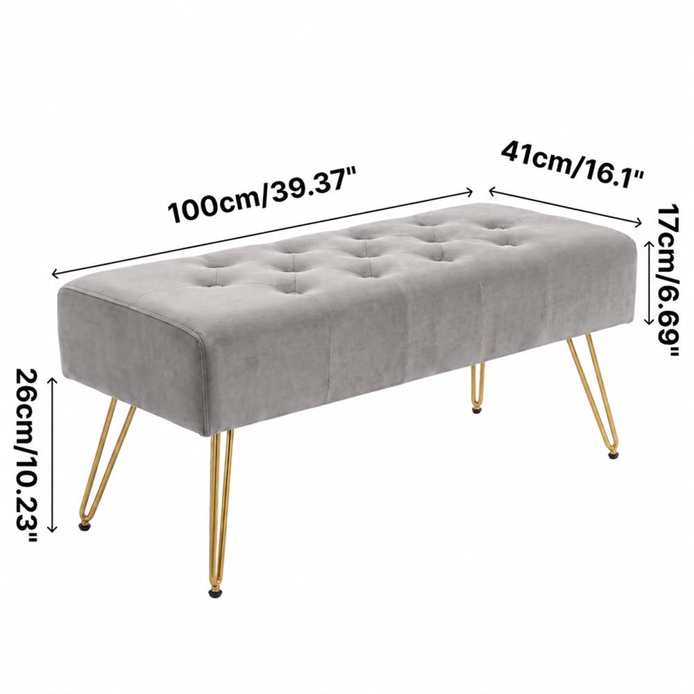 Velvet Button-Tufted Entryway Bench, 39.37" Modern Upholstered Bedroom Bench with Gold Metal Legs, Padded Rectangular End of Bed Bench for Living Room, Dining Room (Grey)