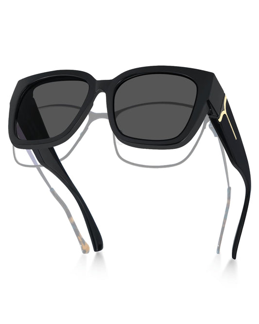 Meeloog Polarized Fit Over Glasses Sunglasses for Women UV Protection, Trendy Square Wrap Around Shades for Driving Riding (P1 Black Frame/Grey Lens)