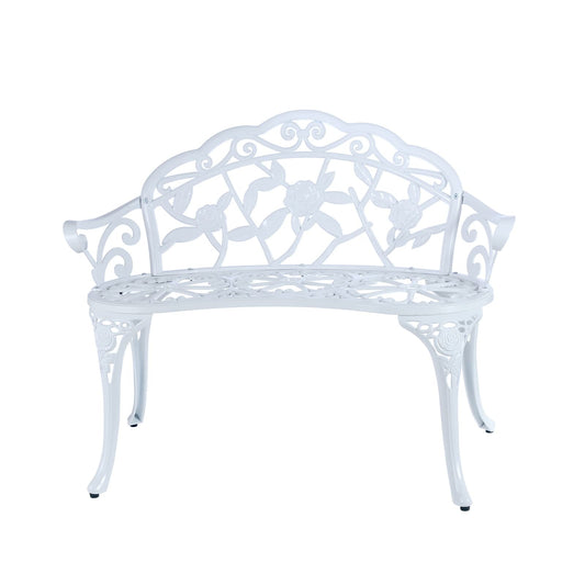YKSY&YKSY Patio Garden Bench Metal Park Bench Cast Aluminum Outdoor Furniture with Floral Rose for Patio,Park,Lawn,Yard (White)