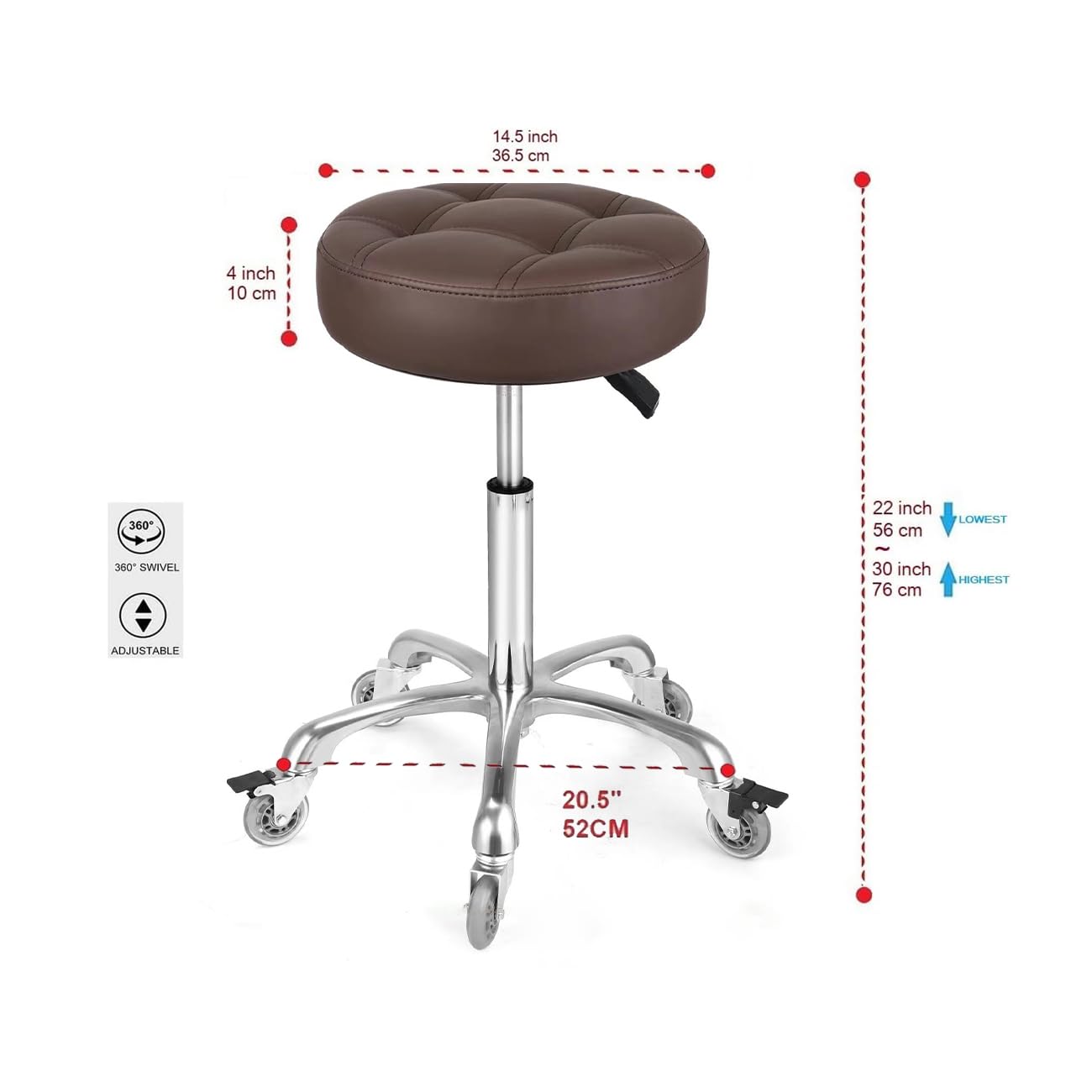 McDooFly Adjustable Heavy Duty Stool - Rolling Stools with Locking Caster Wheels - Swivel Stools Backless Chair for Home Kitchen Office Shop Tattoo Lash Tech Pedicure (Brown, Height 22 to 30 in)