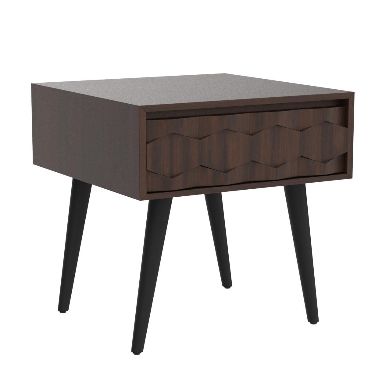 Bme Georgina Solid Wood Mid-Century Modern Side Table with Drawer – Fully Assembled Bedside Table with Rustic Geometric Pattern for Living Room or Bedroom