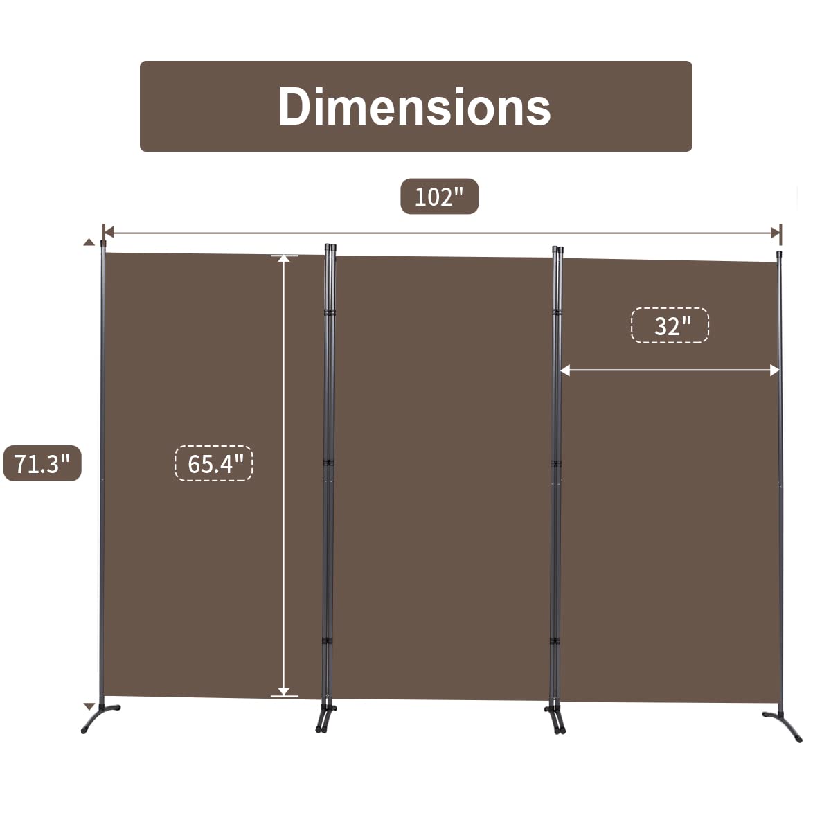 JVVMNJLK Indoor Room Divider, Portable Office Divider, Convenient Movable (3-Panel), Folding Partition Privacy Screen for Bedroom,Dining Room, Study,102" W x 19.7" D x 71.3" H, Brown