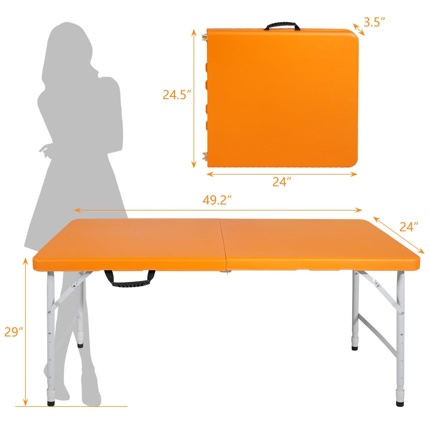 SculPong 4 FT Folding Table with Carry Handle, Portable Fold-in-Half Plastic Table, Rectangle Foldable Table for Indoor/Outdoor Orange