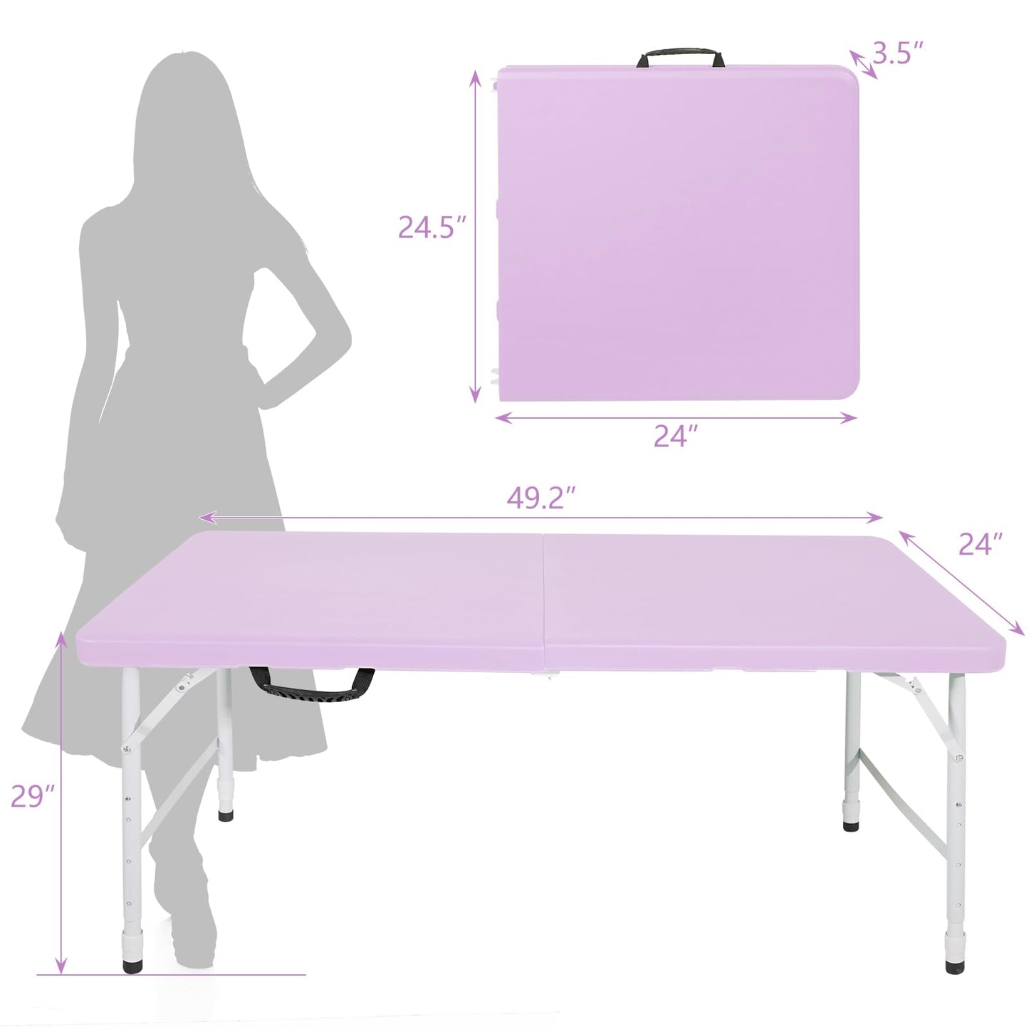 SculPong 4 FT Folding Table with Carry Handle, Portable Fold-in-Half Plastic Table, Rectangle Foldable Table for Indoor/Outdoor Light Purple
