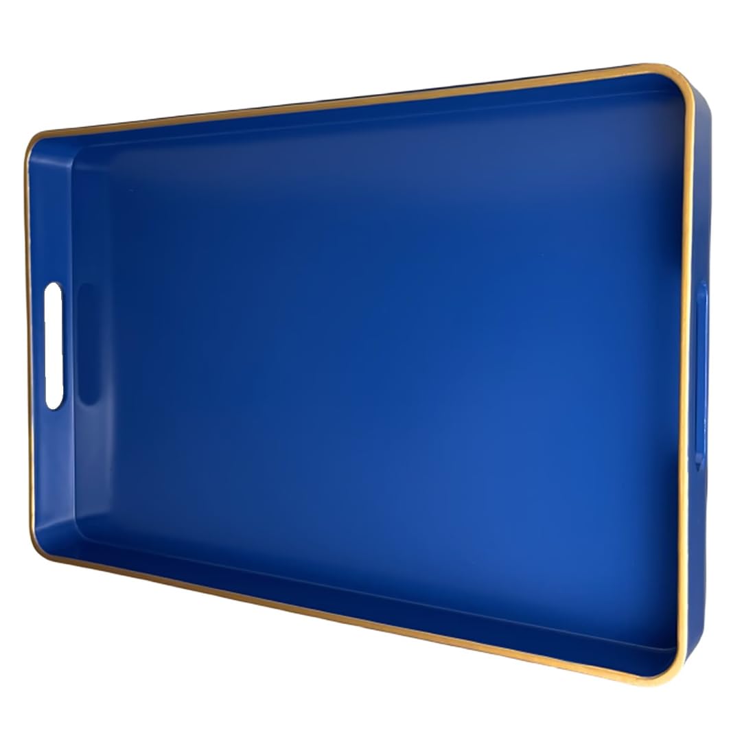 UOEKCS Navy Blue Serving Tray with Handles, Rectangular Decorative Tray for Coffee Table, Plastic Rectangular Tray for Ottoman, Living Room, Bathroom, Home Decor 15.7” x 10.2” x1.37”
