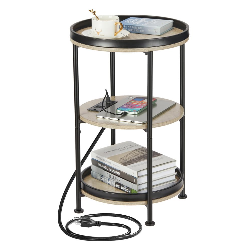 Dulcii Round Side Table with Charging Station, End Table with 3 Shelves for Living Room, Bedroom Nightstand for Small Spaces, Industrial Round Sofa Table with Steel Frame (USB+Oak)