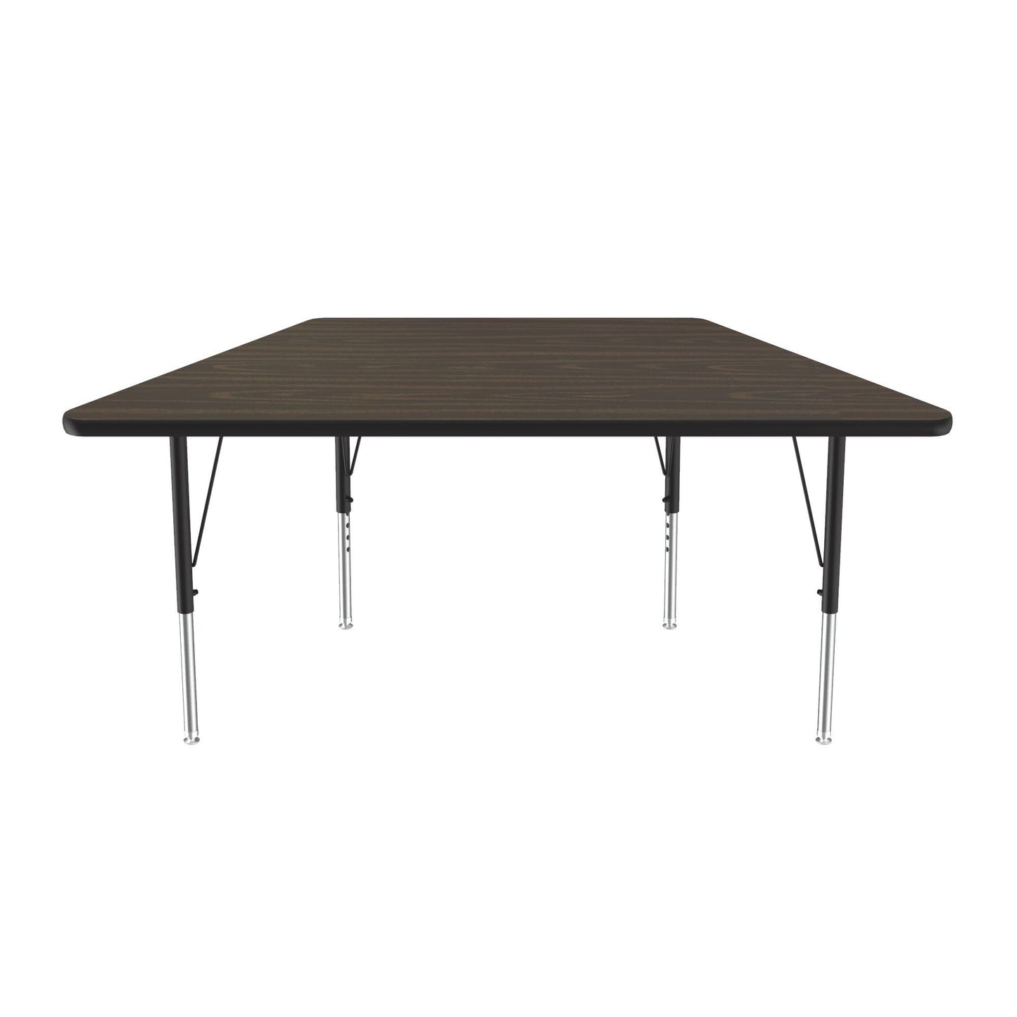 Correll 30"x60" Trapezoid Shaped Econoline Classroom Activity Table, Walnut Melamine Top, Height Adjustable (19"-29"), Black/Chrome Legs, School Furniture, Made in The USA