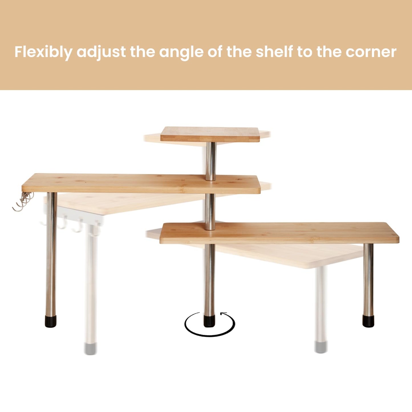 HYNAWIN 3-Tier Corner Shelf, Bamboo & Metal Storage Rack with Hooks, Adjustable Countertop Organizer for Kitchen, Bathroom, Bedroom or Office
