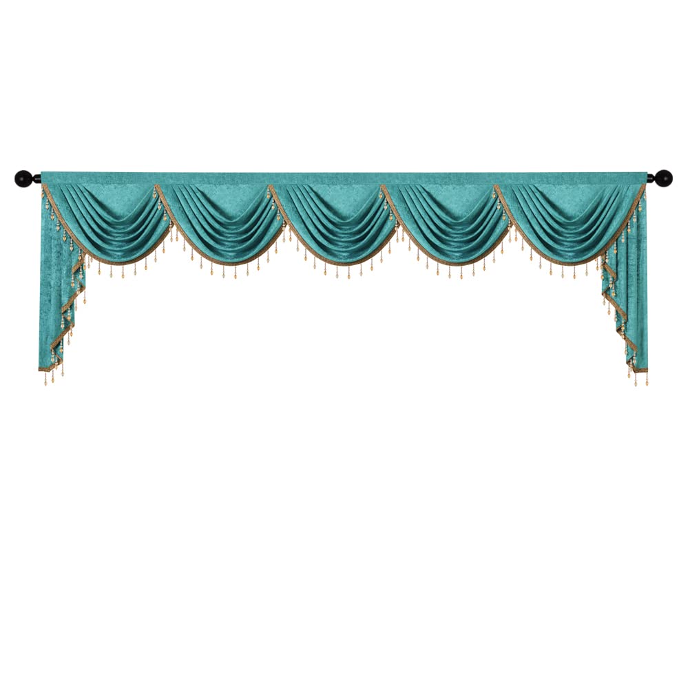 ELKCA Double-Sided Chenille Valance for Living Room Turquoise Curtains Valance with Gold Beads for Bedroom,Rod Pocket(W138Inch,1 Panel)
