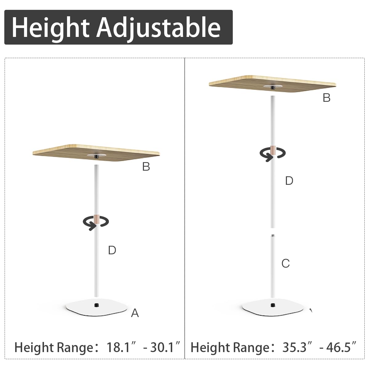 Small Laptop Standing Desk, 18“H - 46”H Adjustable Height Pedestal Side Table with Wooden Top, Portable Tall End Table, Stand-Up Desk for Bedside, Couch, Sofa, Living Room, Bedroom, Home Office, White