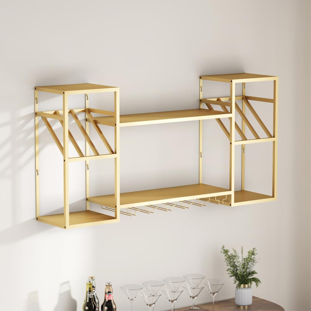 KaKaBB Metal Floating Bar Liquor Shelves 2 Tier, Wall Mounted Wine Rack with Glass Holder Storage, Wall Bar Shelf Wine Display Storage Holder for Kitchen Dining Room(Gold)