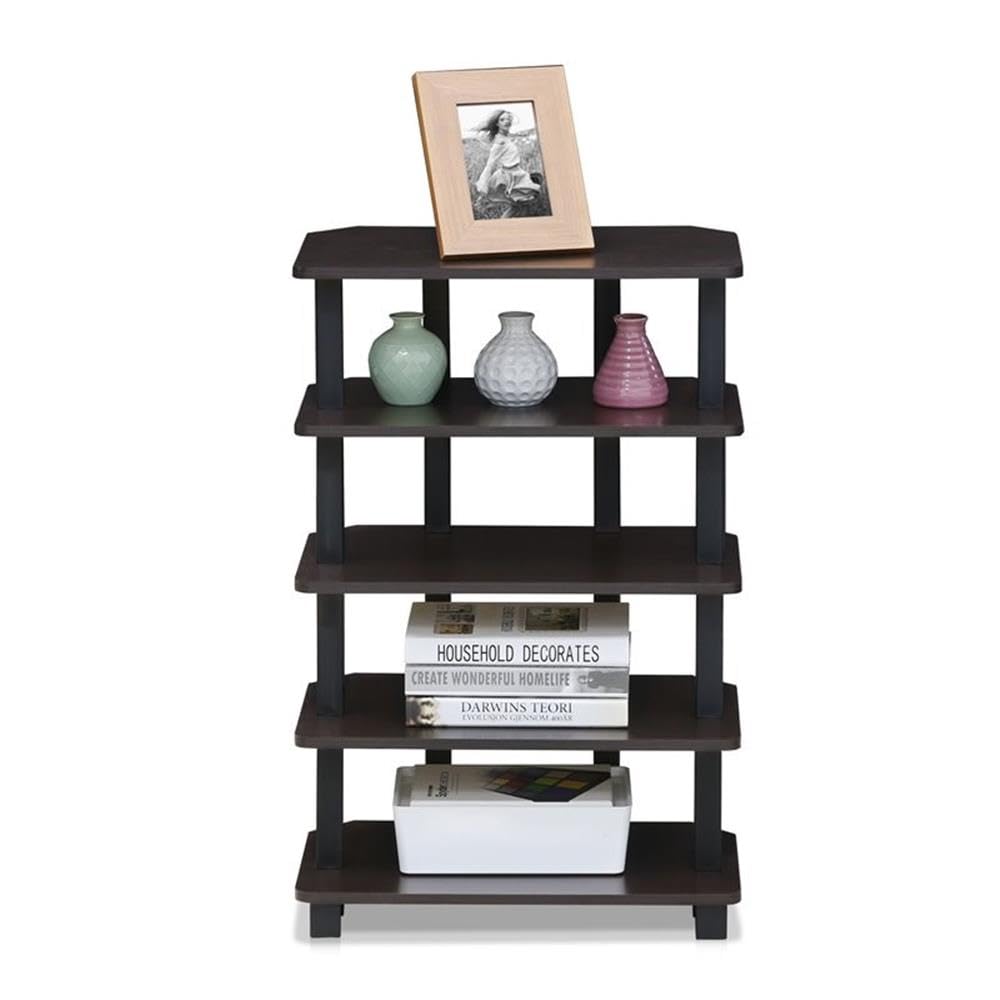 Furinno Turn-N-Tube Storage Shelves, 5-Tier Book Shelf, Corner Shelf, Toolless Open Shelves, for Organization and Storage, Living Room, Garage, Home Office, Espresso