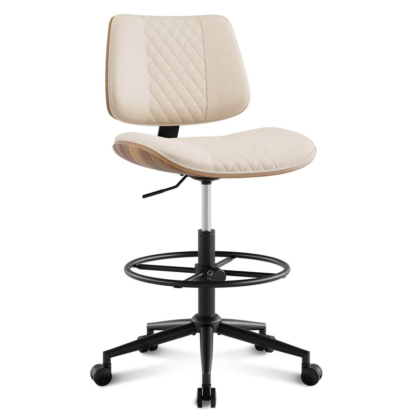 BERYTH Drafting Chair with Adjustable Footrest, Armless Modern Tall Office Chair for Standing Desk, PU Leather Swivel Stool in Curved Bentwood Style, Ergonomic Rolling Walnut Chair for Office(Beige)