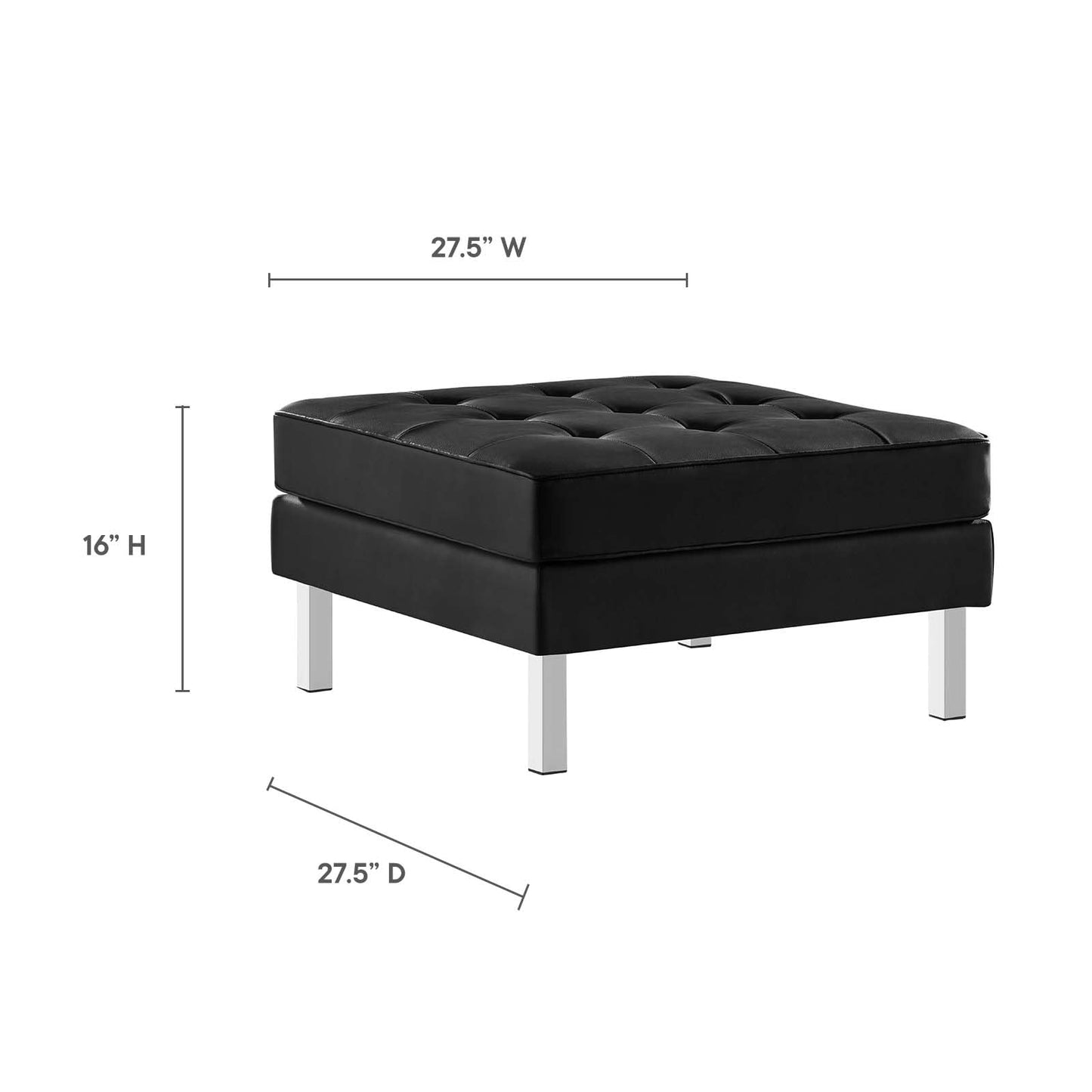 Modway Loft Tufted Button Faux Leather Upholstered Square Ottoman in Silver Black