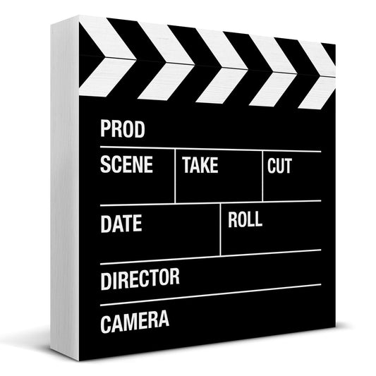 Movie Room Decor Sign, Gift for Filmmaker Director Crew Movies Lovers, Movie Night Film Slate Wooden Sign for Home Theater TV Room Table Shelf Decorations 5×5 Inches
