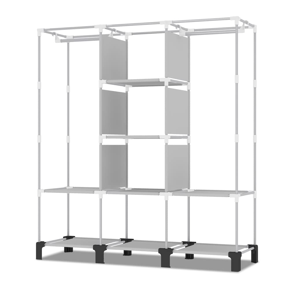 oumylovelsc Portable Wardrobe, Easy Hanging Closet 6 Side Pockets Large Capacity Clothes Organizer Comes with 2 Hanging Poles and Shelves, Width 130cm, Depth 45cm, Height 172cm (Grey)
