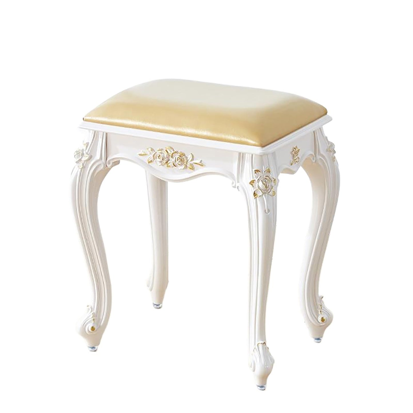 Lebolna Vintage Vanity Stool Vanity Chair,Round & Rectangular Makeup Stool,Cute Ottomans Bench Seat Bathroom Vanity Stool,Victorian Style,Sitting Height 17 Inch(Rectangular, Golden Leather)