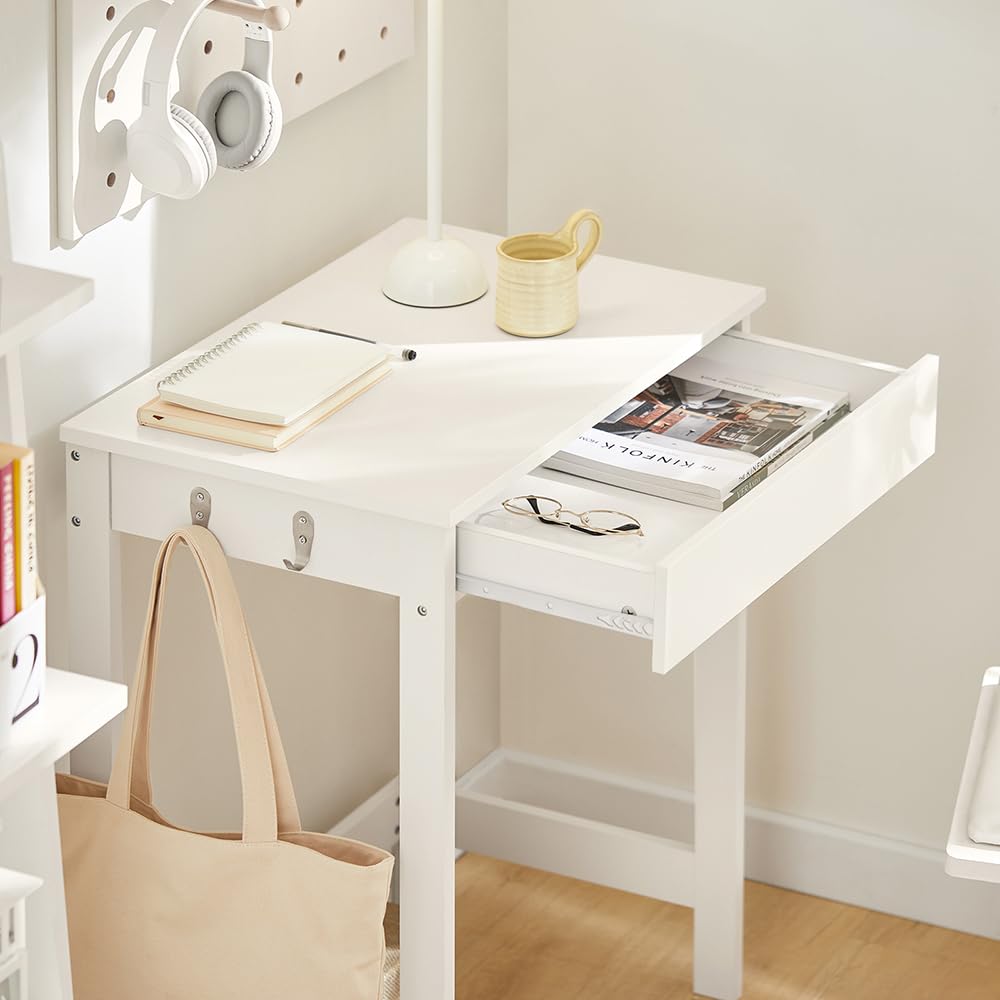 Haotian Small Desk with Drawers, Mini Writing Table, Vanity Table Computer Workstation Children Teenagers Desk with Hooks, White FWT43-W
