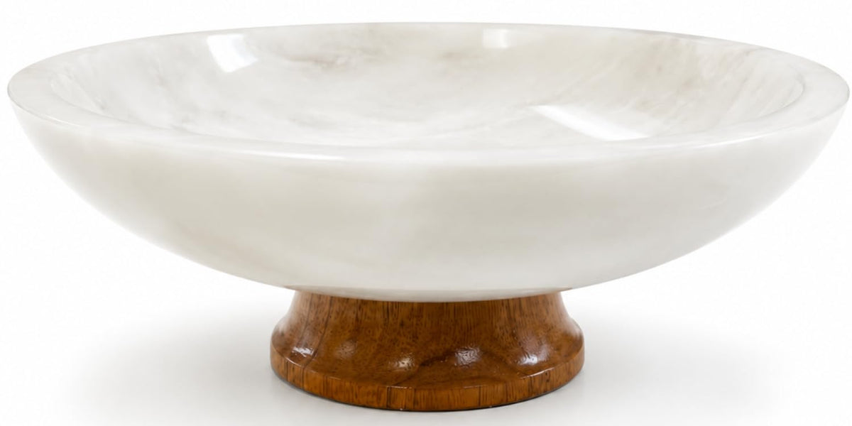 White Marble Fruit Bowl with Pedestal, 11" Large Decorative Centerpiece Bowl for Dining Table, Modern Kitchen Counter Fruit Bowl, Handcrafted Stone Marble Bowl, Luxury Home Decor Accent
