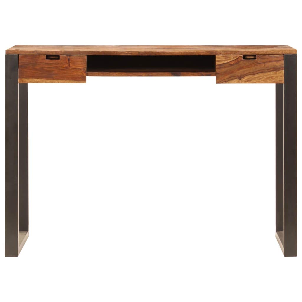UYTENBMF Solid Acacia Wood Desk with 2 Drawers and Keyboard Shelf, 43.3x21.7x30.7 Inches Vintage Computer Table with Steel Legs for Home Office