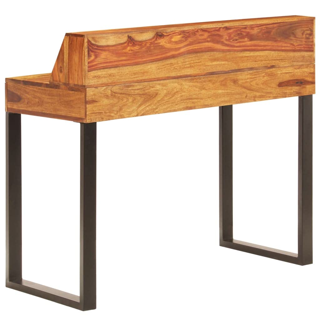 UYTENBMF Solid Acacia Wood Desk with 2 Drawers, Bookshelves and Keyboard Shelf, 43.3"x19.7"x37" Vintage Computer Table with Steel Legs for Home Office