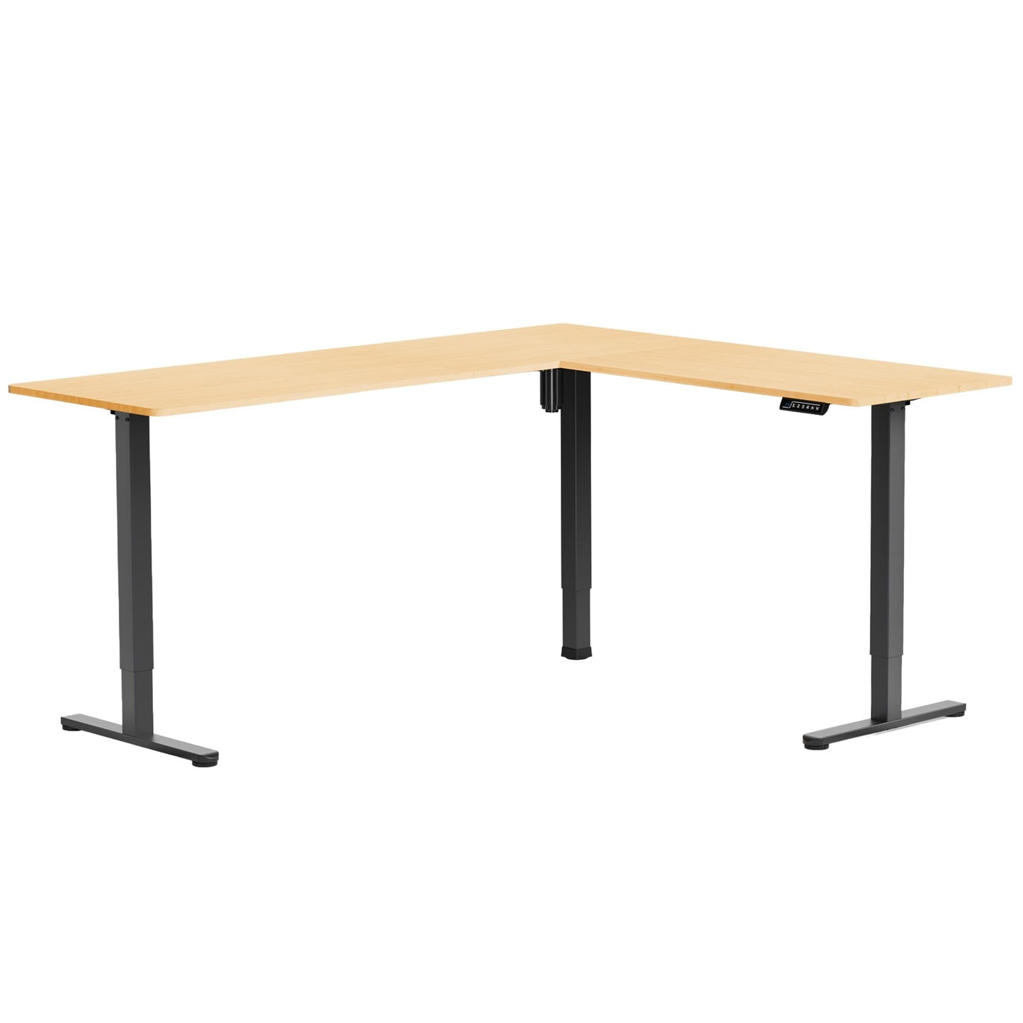VIVO Corner Standing Desk, 75 x 63 inch Reversible L-Shaped Workstation, Electric Height Adjustment, Home, Office, and Reception Rooms, Real Bamboo Table Top Black Frame, DESK-E3CTBO-75