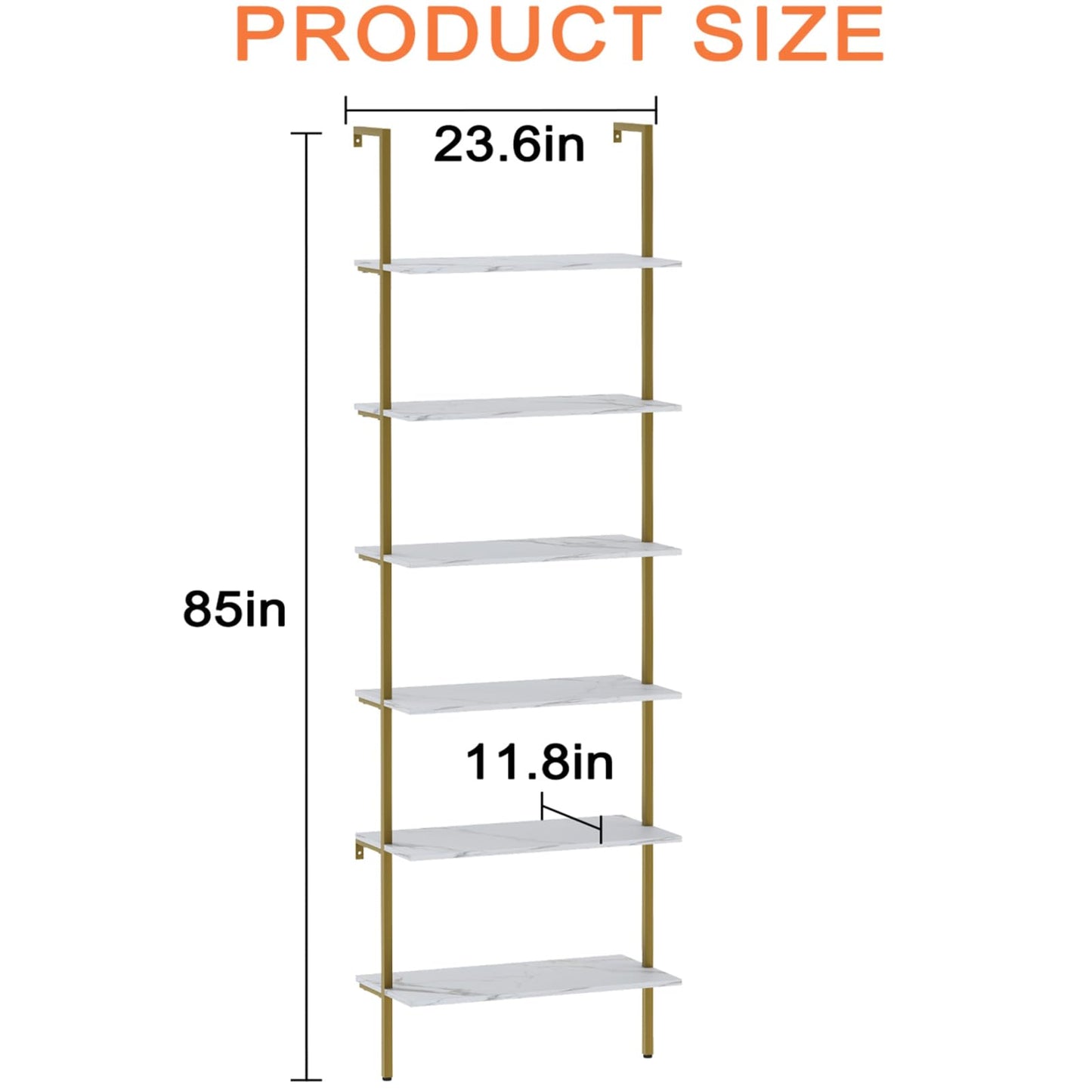 Wolawu Ladder Shelf 6 Tiers Marble White Modern Bookshelf Open Tall Wall Mount Bookcase Standing Leaning Wall Shelves Industrial Decorative Living Room Bed Room