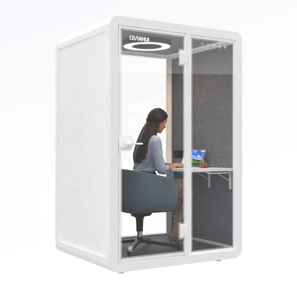 Electric Height Adjustable Office Pod Booth, Mobile Sound Proof Booth, Sound Pod with Wheels and Feet, Build-in Table Top, LED Lighting System, AC, USB Ports (Maroon, W 40 x D 39 x H 91 Inch)