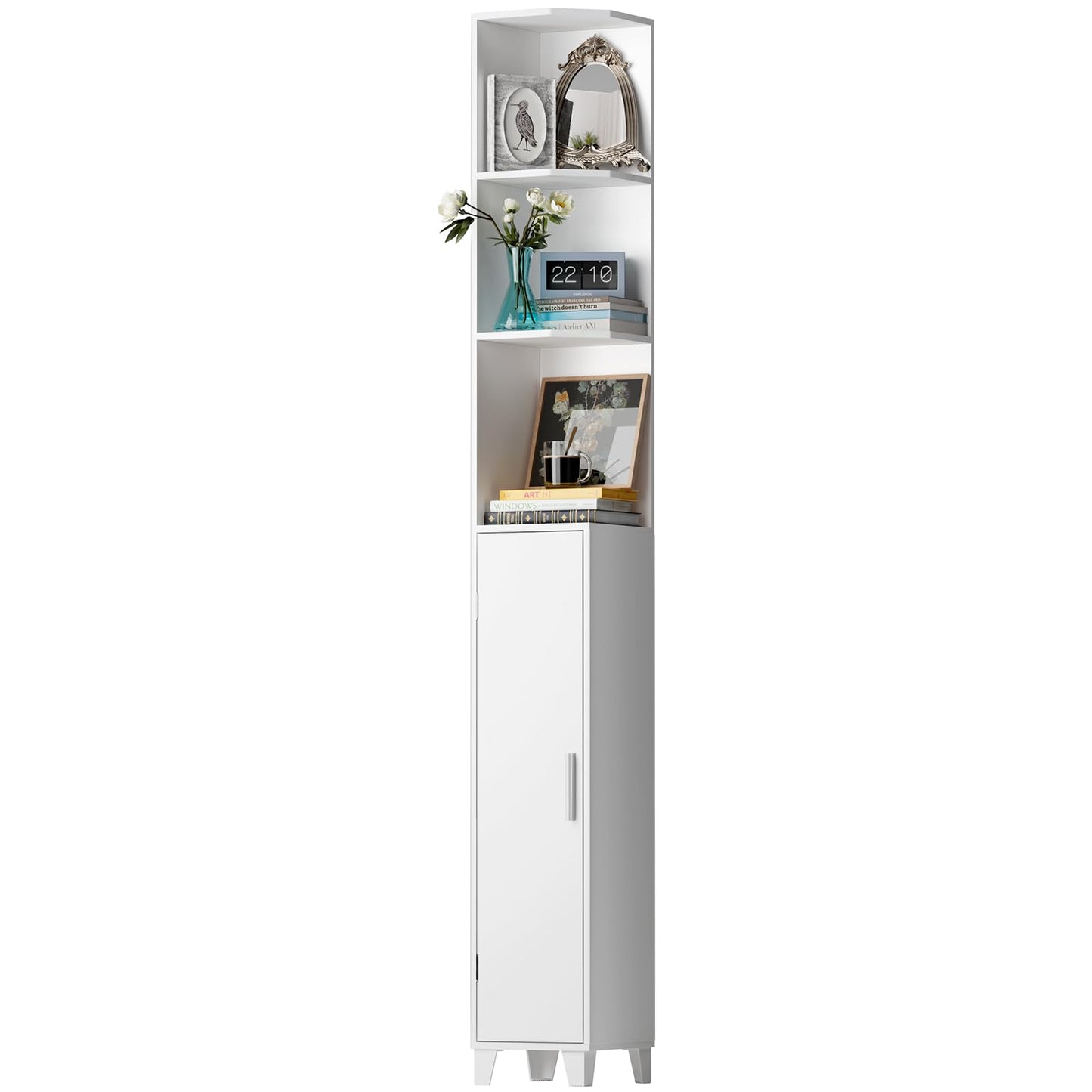 MOHOPE Corner Shelf with Cabinet, 74.8" Tall Corner Cabinet with Door, 5-Tier Narrow Bookshelf with Adjustable Shelves, Display Cabinets for Living Room, Bathroom, Dining Room, Small Space, White