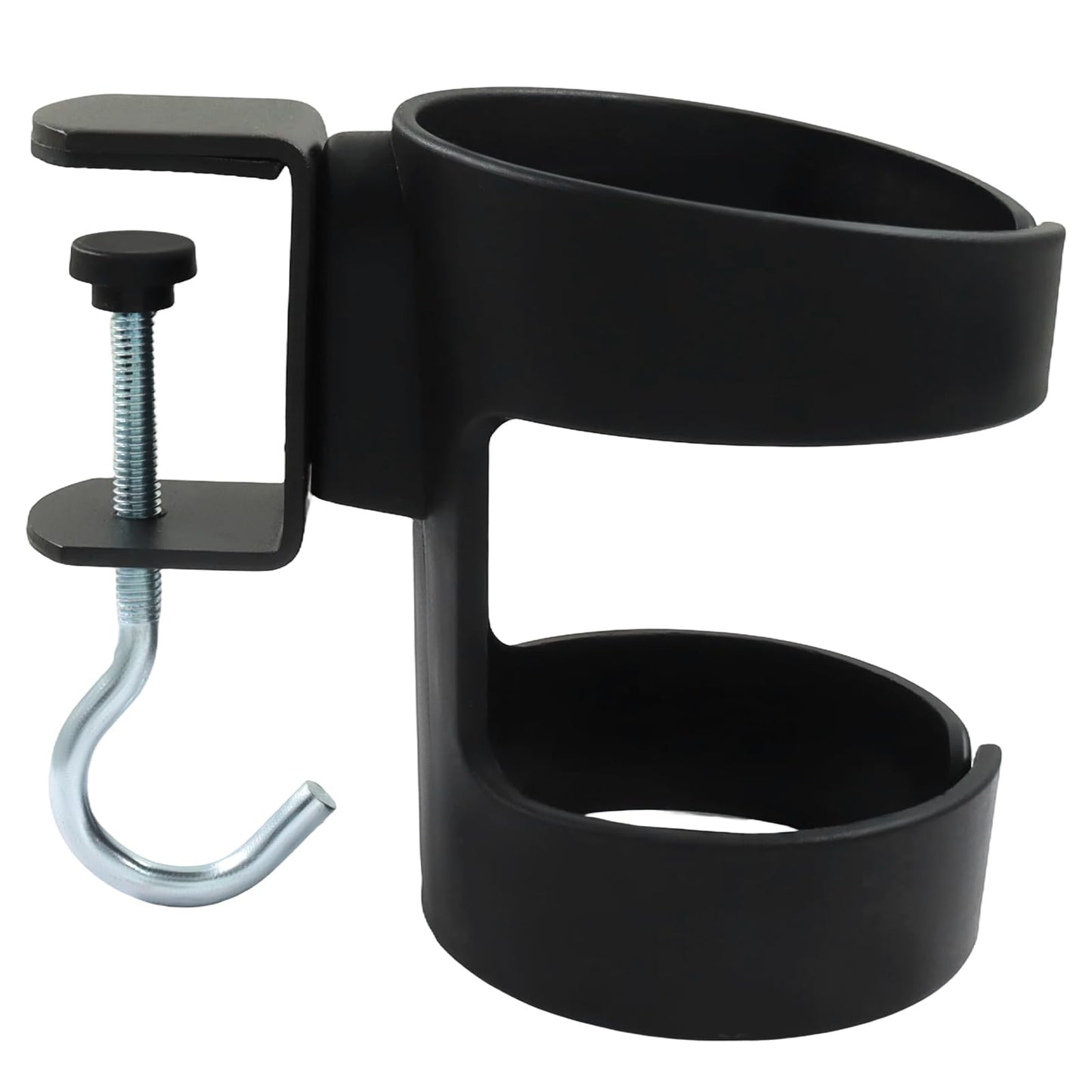 Bonsicoky 2 in 1 Desk Cup Holder, 3.7 Inch Height Clamp-On Black Plastic Drink Holder with Hook, Anti-Spill Tumbler Organizer for Home Office, Pack of 1