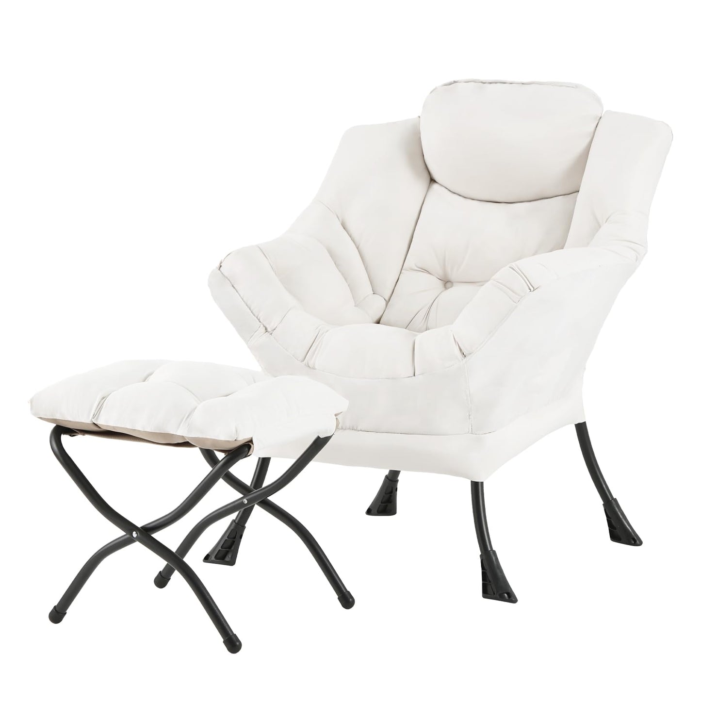 Welnow Lazy Chair with Ottoman, Modern Reading Accent Chair with Armrests and a Side Pocket, Leisure Upholstered Lazy Sofa Set with Footrest for Small Space, Beige