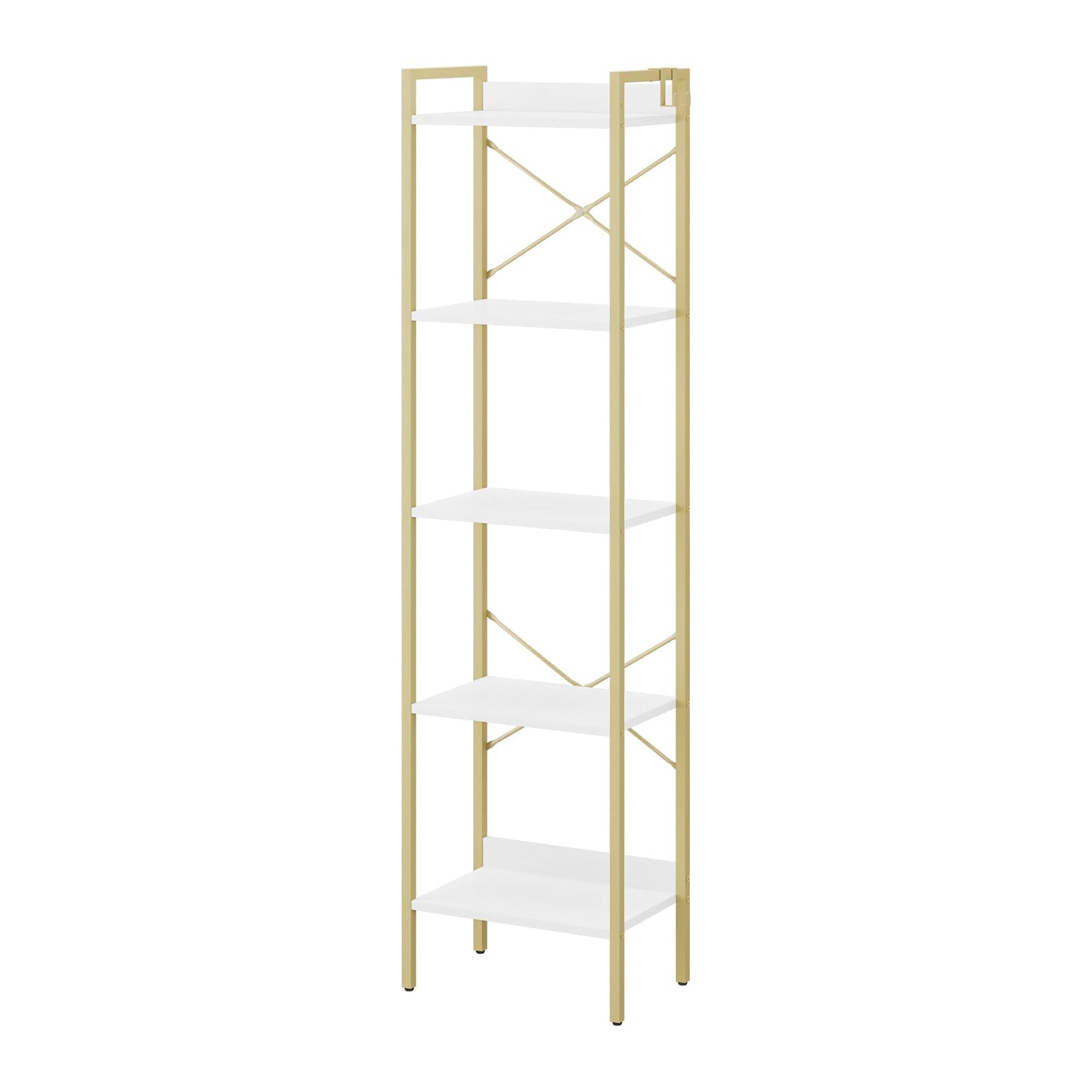Hzuaneri Bookshelf, Book Shelf, Industrial Bookcase with 2 Hooks, Coner Shelf Storage Organizer for Home Office, Living Room, Bedroom, Kitchen, 5-Tier White Gold BC10513G
