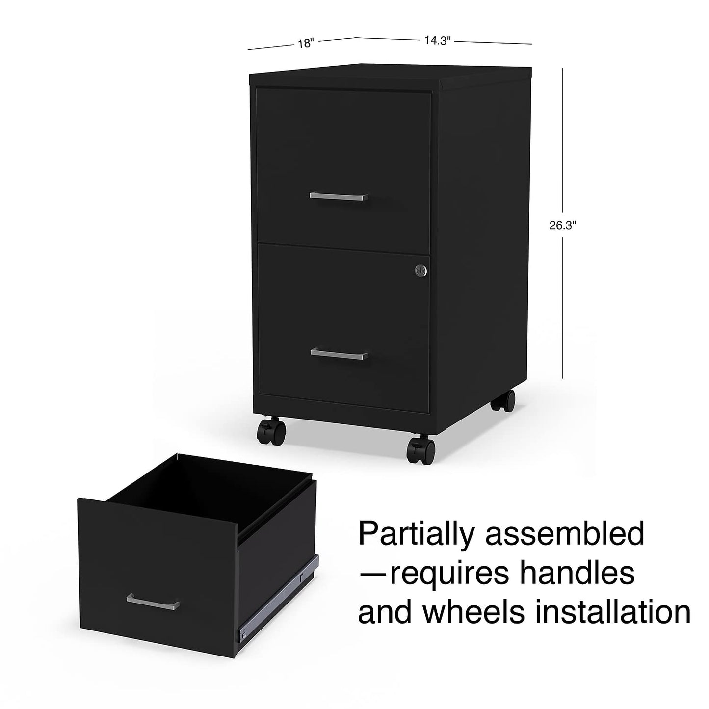 Staples 2-Drawer Vertical File Cabinet, Letter Size Documents, Lockable & Mobile, 18" D x 14" W x 26.3" H, Black