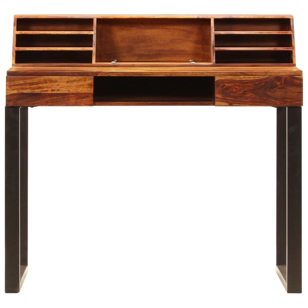 KHNLGFR Solid Acacia Wood Desk with 2 Drawers, Bookshelves and Keyboard Shelf, 43.3"x19.7"x37" Writing Computer Desk with Steel Legs for Home Office