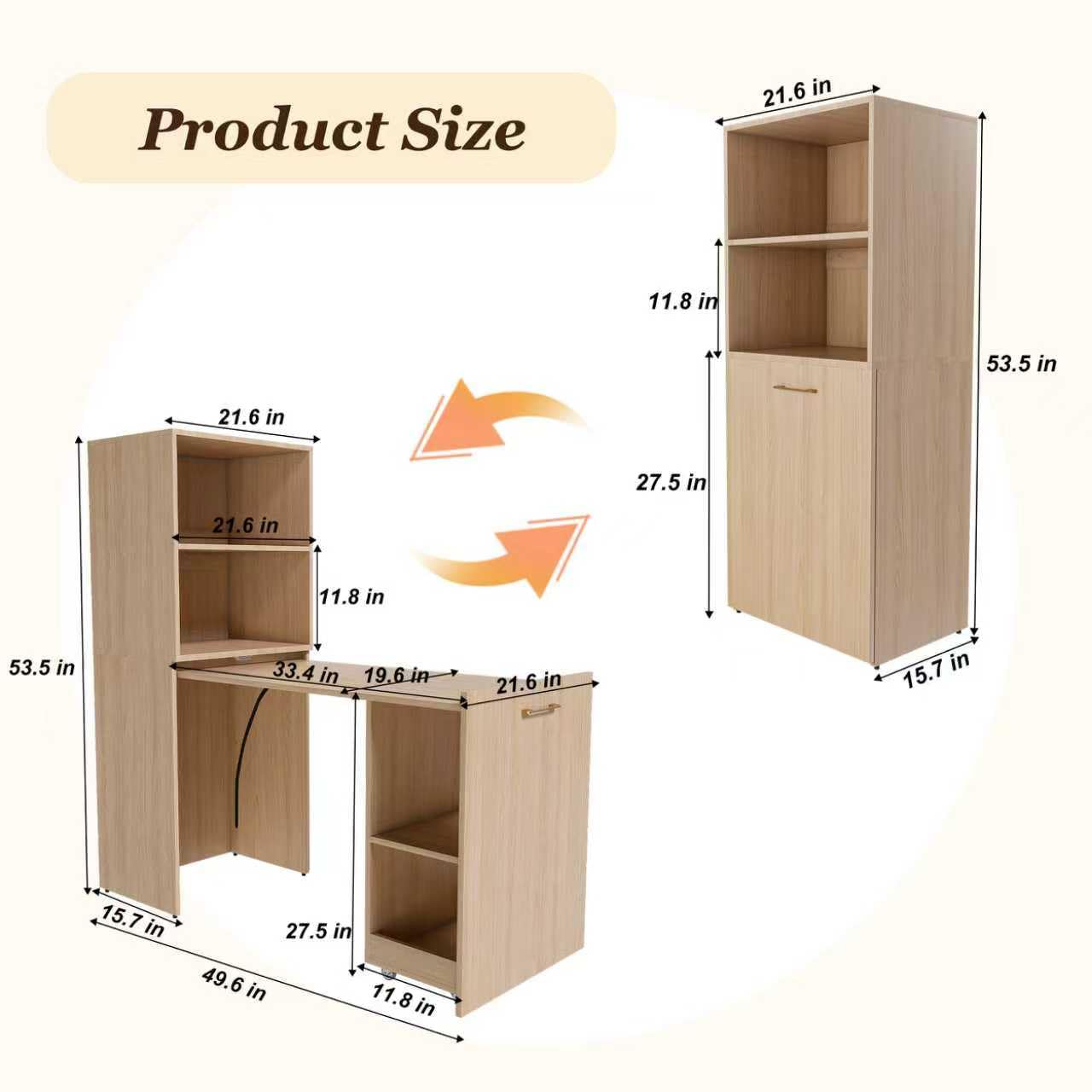 Stretchable Desk, Office Desk with Storage Shelves and Mobile Wheels, Foldable Desk Suitable for Small Apartments and Offices, White (Natural Wood)