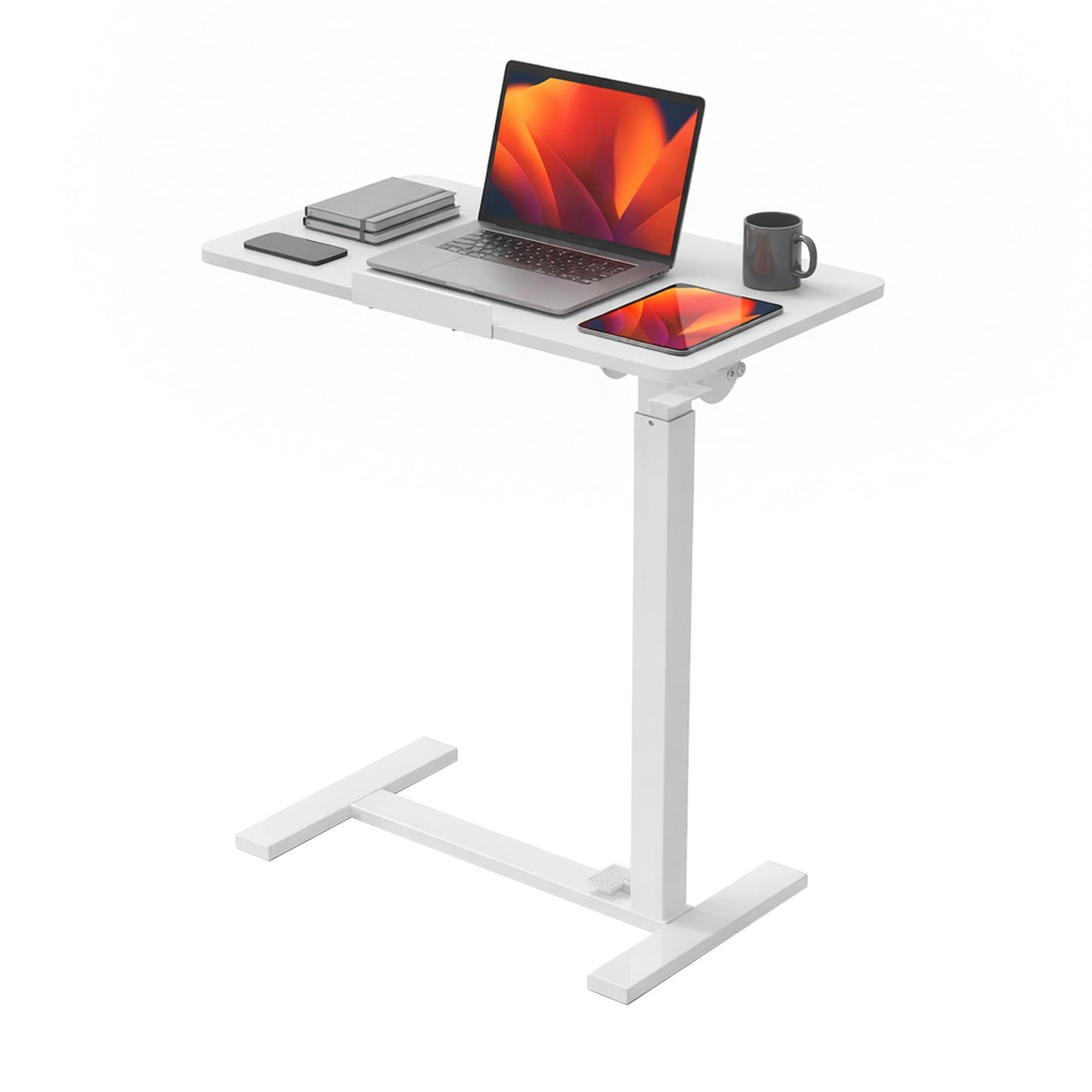 DUMOS Mobile Standing Desk, Height-Adjustable Computer Cart with Pneumatic Lift, Portable Computer Workstation Cart for Bed, Couch, Office, Sofa, White