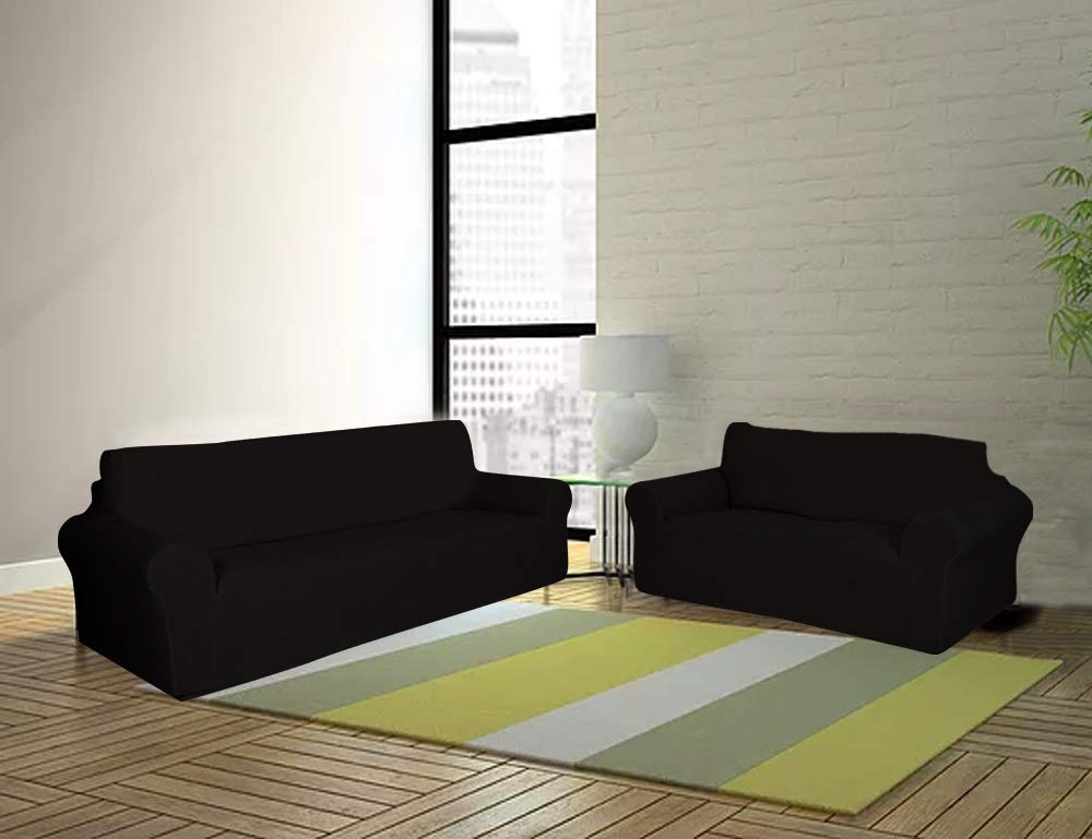 Sapphire Home 2-Piece Sofa and Loveseat Slipcovers, Couch and Loveseat Covers Set, Form fit Stretch, Wrinkle Free, Furniture Protector, Premium Brushed Sofa Covers for Living Room (Black)