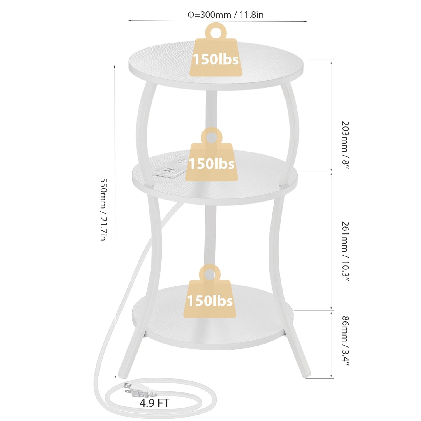Small Round Side Table with Charging Station, 3-Tier Waist Circular End Table with Storage Shelf, Compact Tea Sofa Side Table Small Spaces, Round Corner Coffee Table for Living Room Bedroon,White