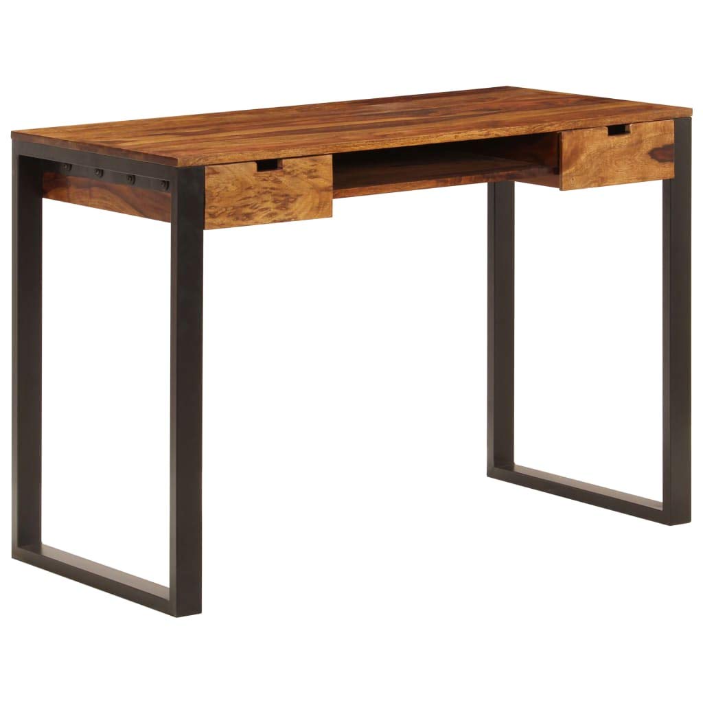 KHNLGFR Solid Acacia Wood Desk with 2 Drawers and Keyboard Shelf, 43.3"x21.7"x30.7" Steel Leg Computer Table for Home Office