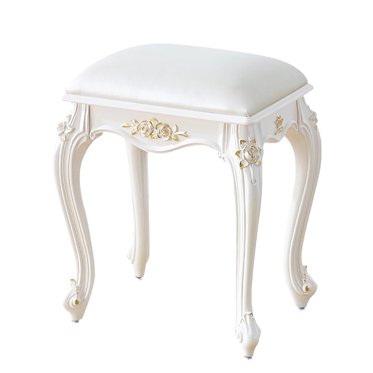 Lebolna Vintage Vanity Stool Vanity Chair,Round & Rectangular Makeup Stool,Cute Ottomans Bench Seat Bathroom Vanity Stool,Victorian Style,Sitting Height 17 Inch(Rectangular, White Leather)