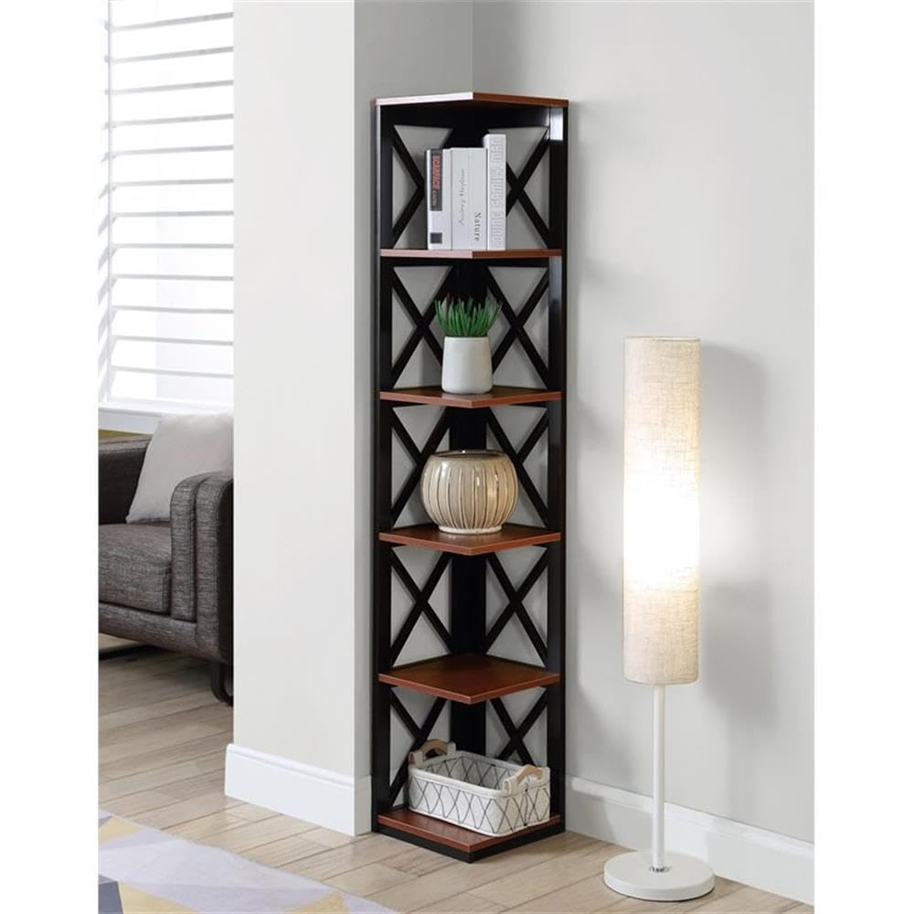 Convenience Concepts Oxford Corner Bookcase 12" - 5-Tier Slim Farmhouse Bookcase for Modern Living & Family Room, Media Storage Organizer for Home Office Library, Tall Shelving Unit, Cherry/Black