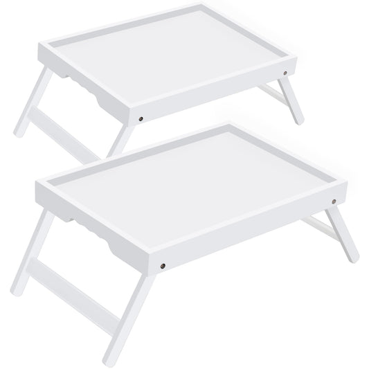 Breakfast Tray with Folding Legs Set of 2, Bamboo Bed Tray Table 15.7" Foldable TV Dinner Tray with Ergonomic Wave Handles for Bed Couch Sofa, Breakfast, Snacks, Coffee, White
