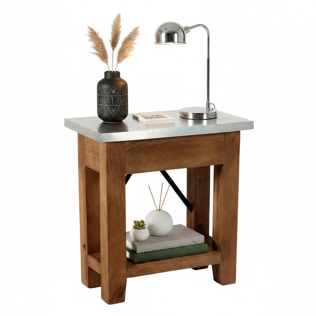 Millwork End Table with Steel Top – Rustic Industrial Narrow Side Table with Lower Shelf and Crossbar Accent – Small Space Accent Table for Living Room, Bedroom, Office by Alaterre Furniture