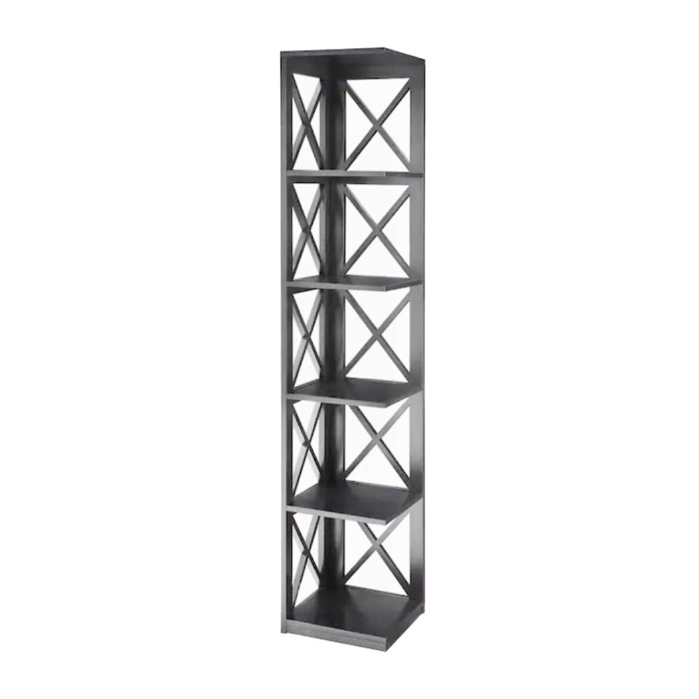 Convenience Concepts Oxford Corner Bookcase 12" - 5-Tier Slim Farmhouse Bookcase for Modern Living & Family Room, Media Storage Organizer for Home Office Library, Tall Shelving Unit, Black